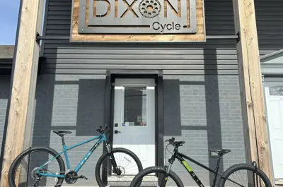 Entrance of Dixon Cycle shop with bikes out front