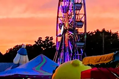 Nighttime crowd shot at the Caledonia Fair with the ferris wheel lit up in the background