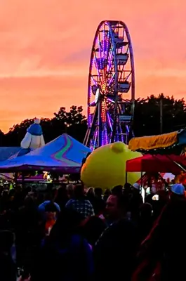 Nighttime crowd shot at the Caledonia Fair with the ferris wheel lit up in the background