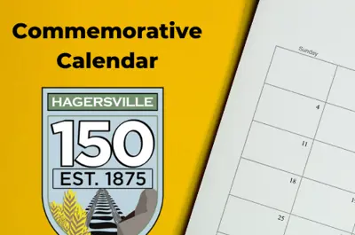 A calendar and crest for Hagersville's 150th Anniversary promoting a commemorative calendar