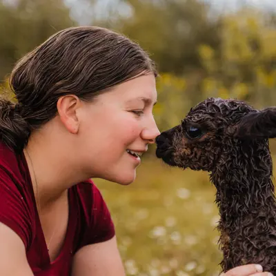 A woman is nose to nose with a baby alpaca